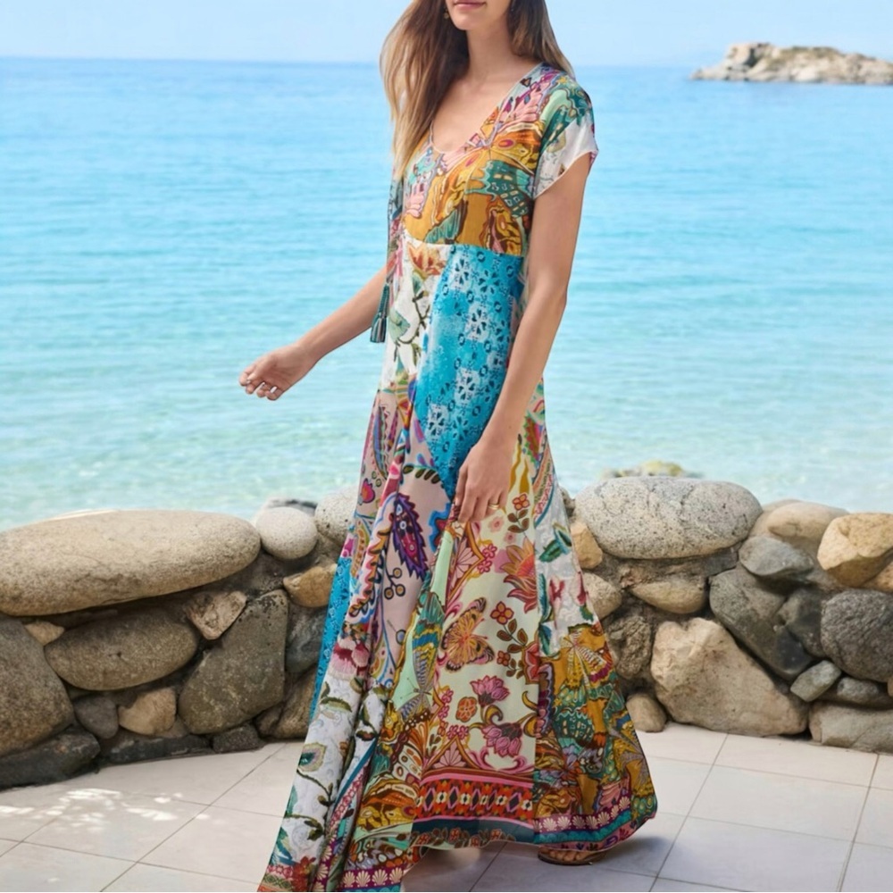 JOHNNY WAS Patchwork Short Sleeve Silk Maxi Dress in‎ Gillian Mix